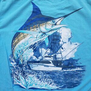Guy Harvey T-Shirt Men Large Blue Fishing Shirt Pocket Tee Marlin Graphic Print